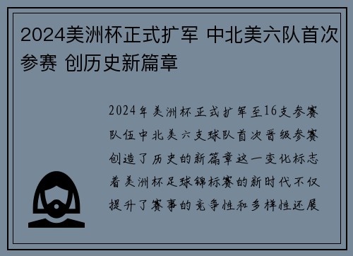 2024美洲杯正式扩军 中北美六队首次参赛 创历史新篇章